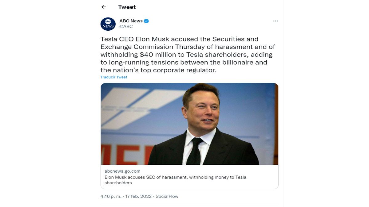 Elon Musk tiene una mala relación con la SEC, la comisión que regula el mercado bursátil en los estados Unidos por discusiones por su empresa TESLA  (Foto: Cuenta de Twitter de Musk)