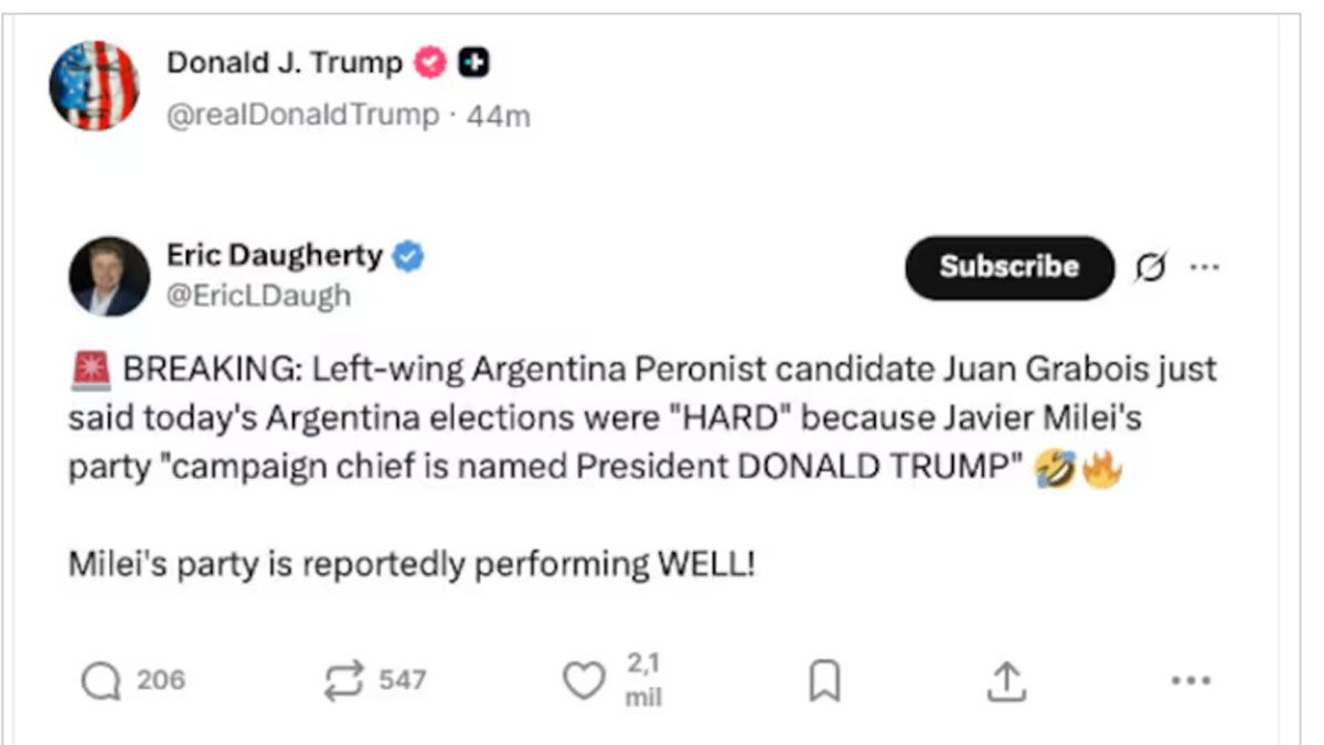 El mensaje retuiteado de Trump de un posteo irónico destinado a Juan Grabois. (Foto: Cuenta de X)