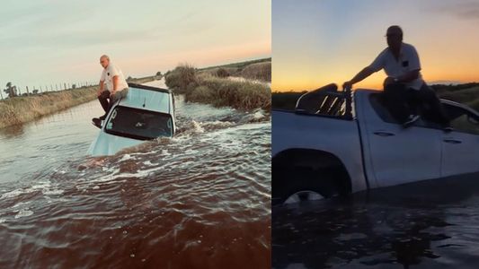 El video viral que indigna al campo: un hombre casi se hunde con su camioneta en pleno camino rural