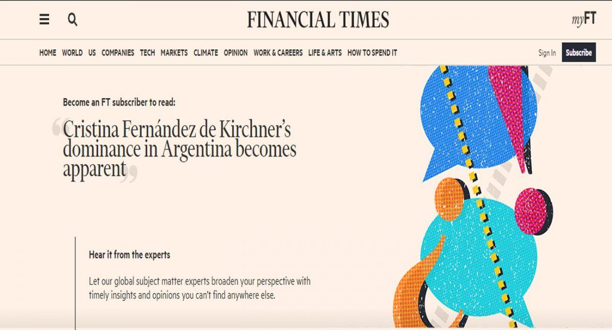 El Financial Times dice que Cristina Fernández de Kirchner es la principal figura en el actual gobierno ( Foto: FT)