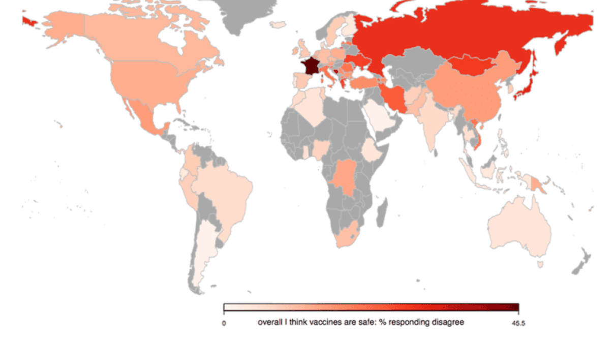 Mapa que indica si la población cree que las vacunas son seguras. Entre más rojo, menos confianza en las vacunas.