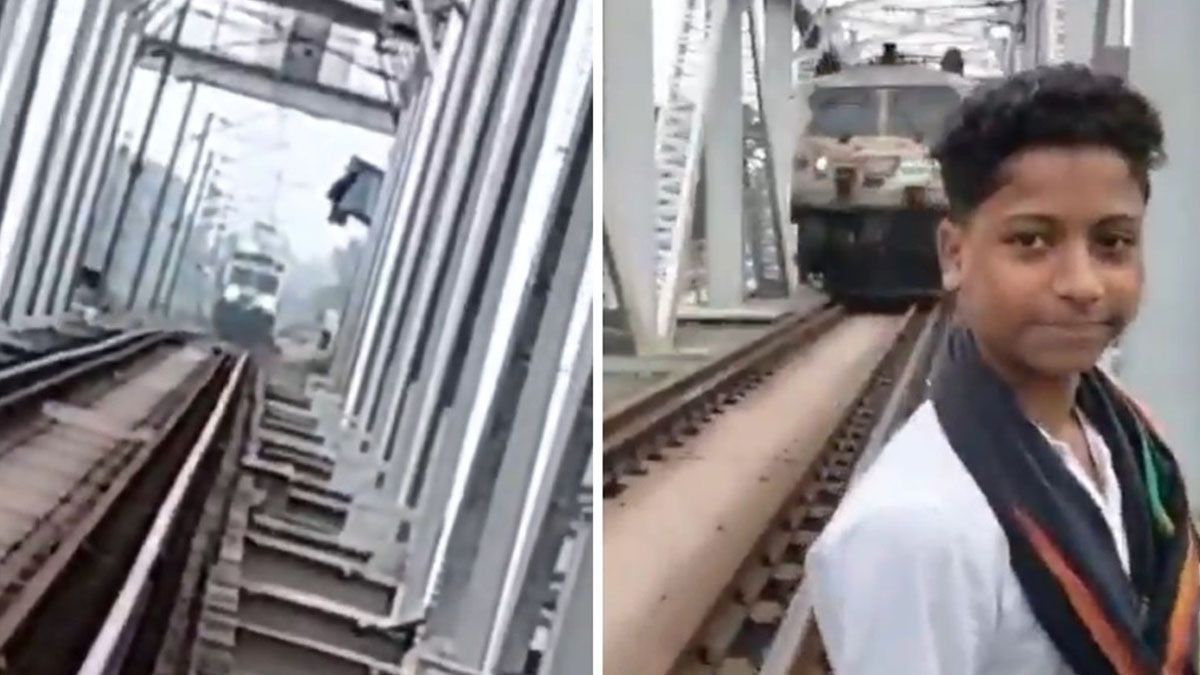 Dos momentos previos a la tragedia. El tren avanza por el puente. Rahul, permanece inmóvil, sin advertir que calculó mal dónde colocarse. El tren lo embistió y lo mató. (Foto: Captura de TV)