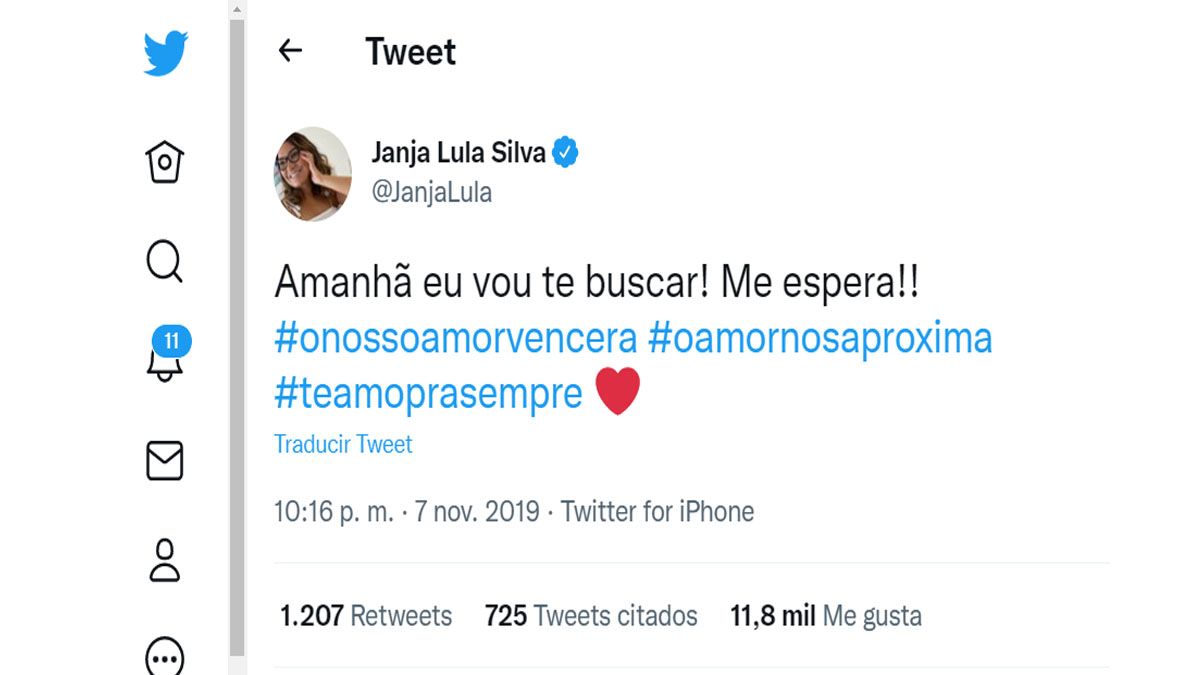 Janja, la futura esposa de Lula, fue a esperarlo a la cárcel de Curitiba cuando fue liberado (Foto: Cuenta de Twitter de Janja)