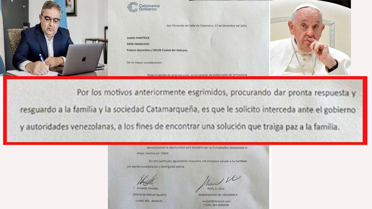 La carta que el gobernador Jalil, de Catamarca, le envió al papa Francisco por el gendarme detenido en Venezuela. (A24.com)
