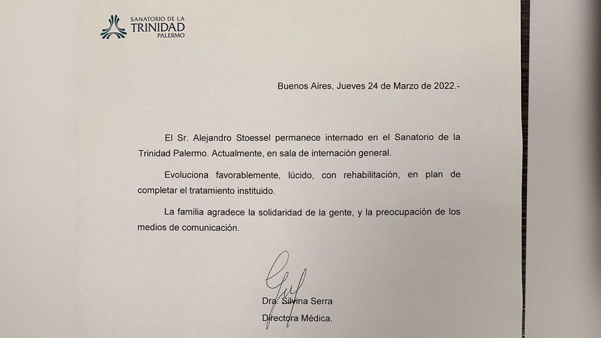 Nuevo parte médico de Alejandro Stoessel 