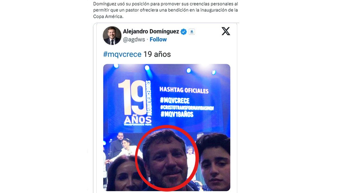 En las redes sociales, hallaron la relaci&oacute;n del pastor que habl&oacute; en la Copa Am&eacute;rica con le presidente de la Conmebol. (Cuenta de X de Dom&iacute;nguez)