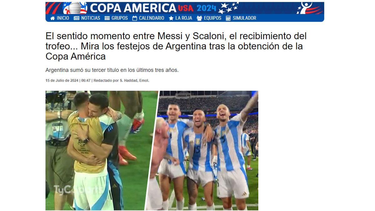 Uno de los varios artículos de El Mercurio con el triunfo argentino en la Copa América. (Foto: EMOL)