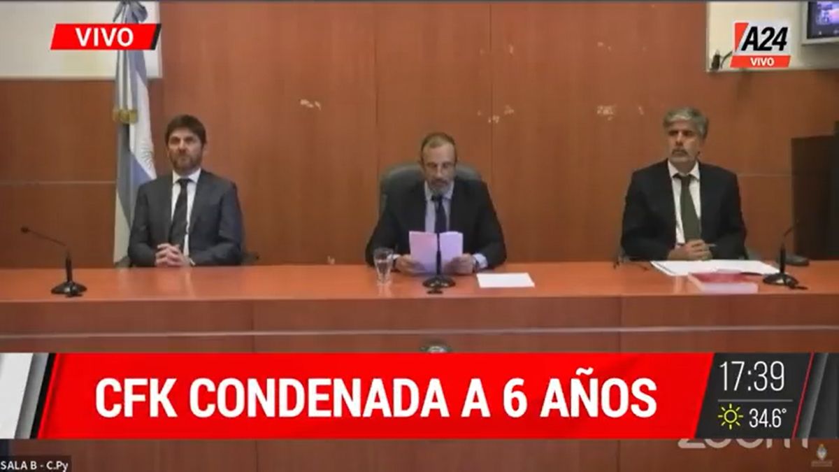Jorge Gorini, Rodrigo Giménez Uriburu y Andrés Basso son los jueces que condenaron a Cristina Kirchner a 6 años de prisión (Foto: Captura).