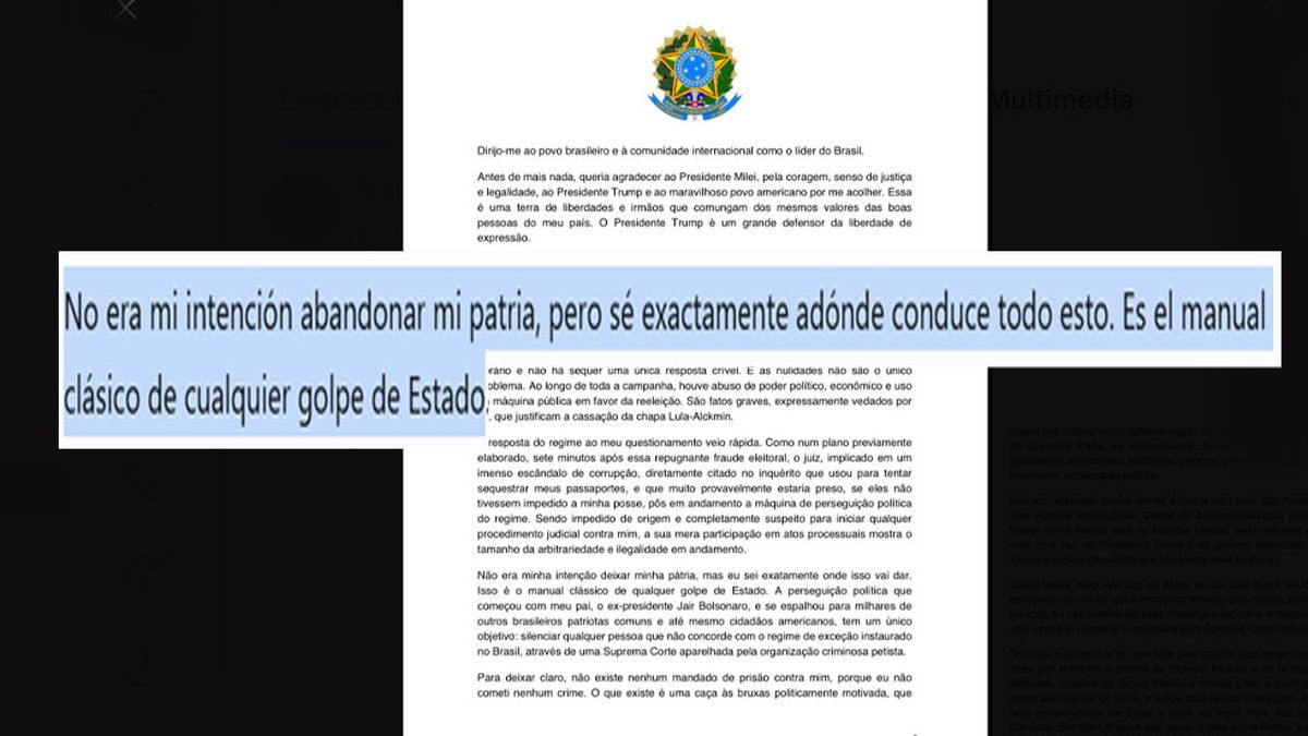 Carta de Flávio Bolsonaro en el que habla de un intento golpista. (Foto: Cuenta de X de Bolsonaro)