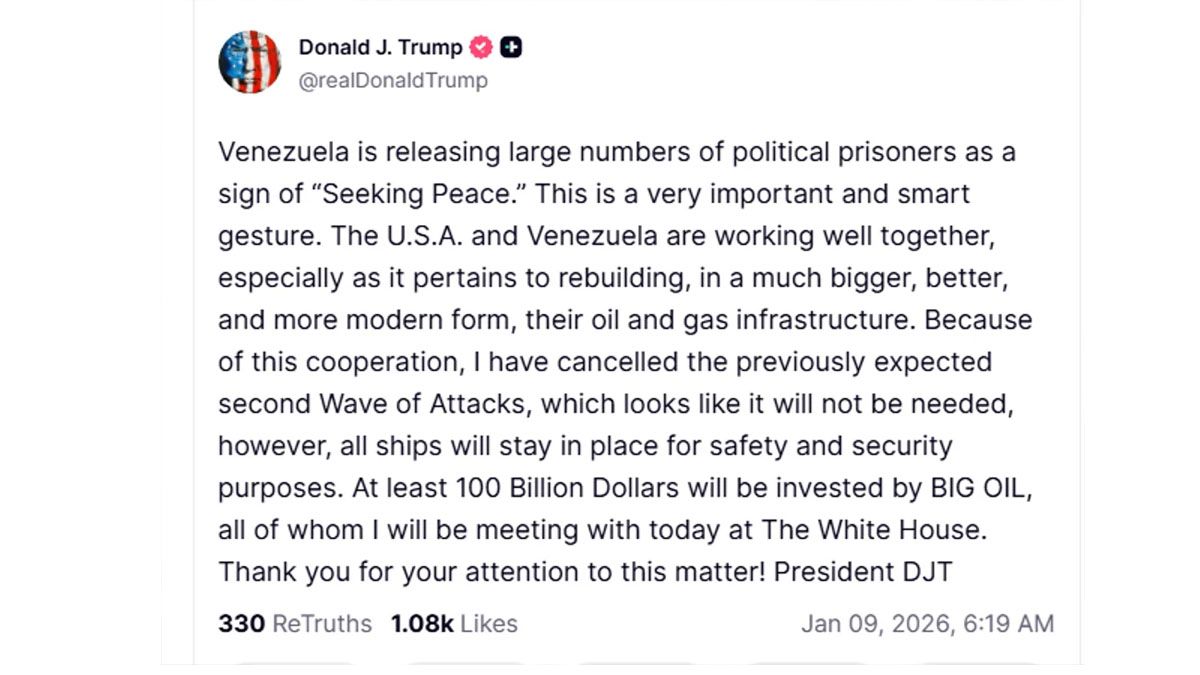 El mensaje de Trump en el que anuncia que suspendió un segundo ataque a Venezuela. (Foto: cuenta de Trump en 