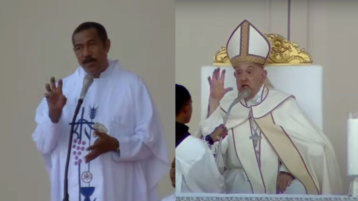 El sacerdote, traductor de la homil&iacute;a del papa Francisco, se las ingeni&oacute; para salir adelante cuando se habl&oacute; de la mordida del cocodrilo. (Foto: Captura de TV)