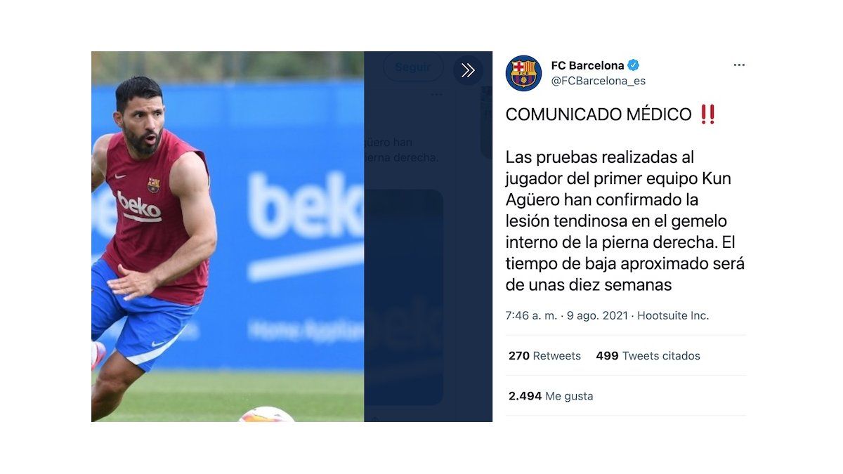El mensaja de Barcelona en su cuenta de Twitter en el que informa la lesión del argentino (Foto: captura de pantalla).