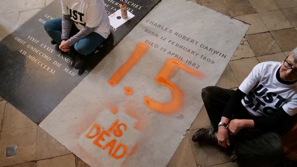 Radicales ecologistas vandalizaron la lápida sobre los restos de Charles Darwin en la abadía de Westminster en Londres. (Foto: Gentileza Daily Mail)