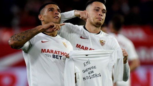 Emi, siempre con nosotros: Ocampos marcó en el triunfo de Sevilla y se lo dedicó a Emiliano Sala, a un año de su muerte