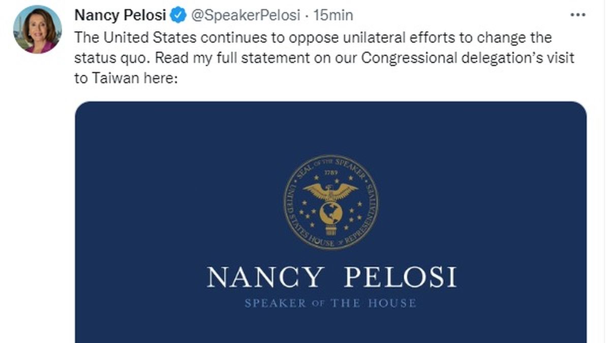 Nancy pelosi publicó un comunicado de apoyo a las autoridades de Taiwán en cuanto llegó a Taipei (foto: Cuenta oficial de Twitter de Nancy Pelosi)