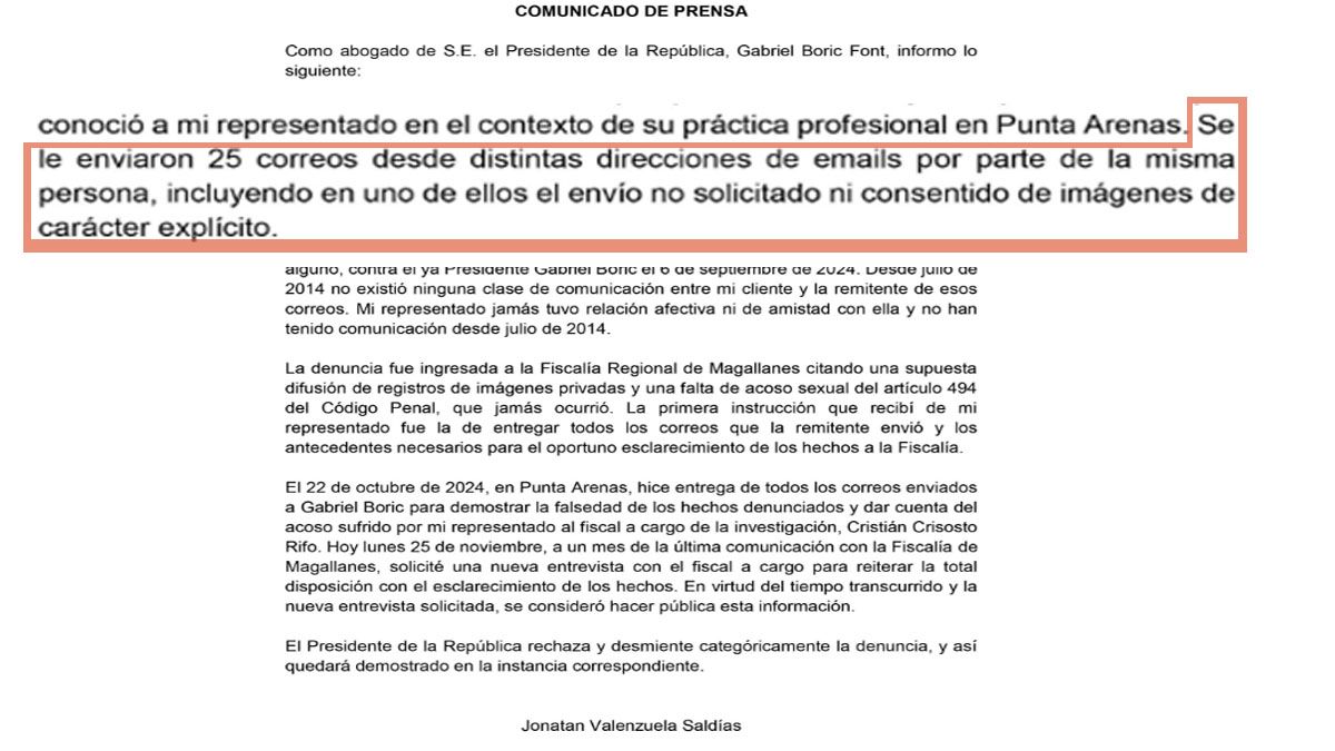 El comunicado del abogado del presidente de Chile, en el que rechaza la acusaci&oacute;n en su contra. (Foto: Defensa oficial del Presidente Boric)