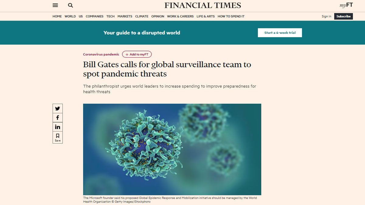 El artículo de Bill Gates que advierte sobre la continuidad del coronavirus ( Foto: FT)