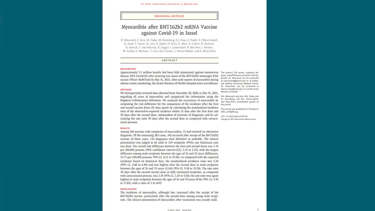 Estudio en Israel sobre la relación entre las vacunas de ARNmensajero y la miocarditis (Foto: The New British Journal of Medicine)