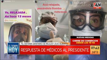 Profesionales de la salud utilizaron las redes sociales para contestarle al presidente Alberto Fernández (Foto: captura de TV). Profesionales de la salud utilizaron las redes sociales para contestarle al presidente Alberto Fernández (Foto: captura de TV).