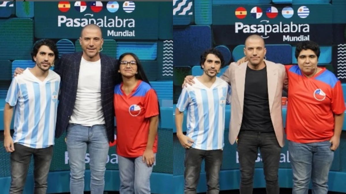 El argentino Brian Parkinson junto a los dos participantes con los que compiti&oacute; en la versi&oacute;n mundial de Pasapalabra en la tv chilena, antes de ganar el Rosco.
