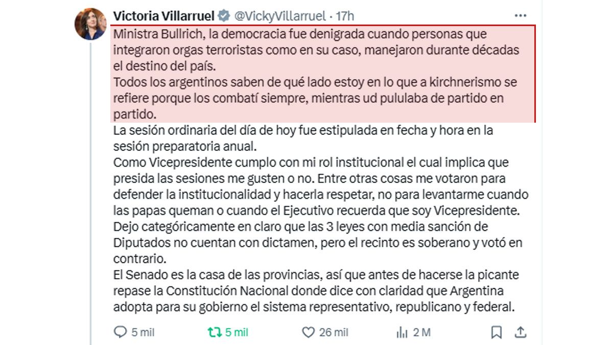 Villarruel recordó el pasado montonero de Patricia Bullrich en su réplica. (Foto: Cuenta de X de Villarruel)