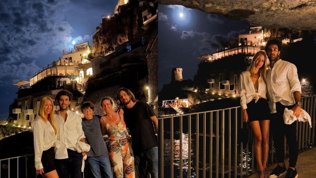 Nicole Neumann y Manu Urcera junto a Geraldine Neumann, su marido y su hijo en la costa amalfitana, en Italia.&nbsp;
