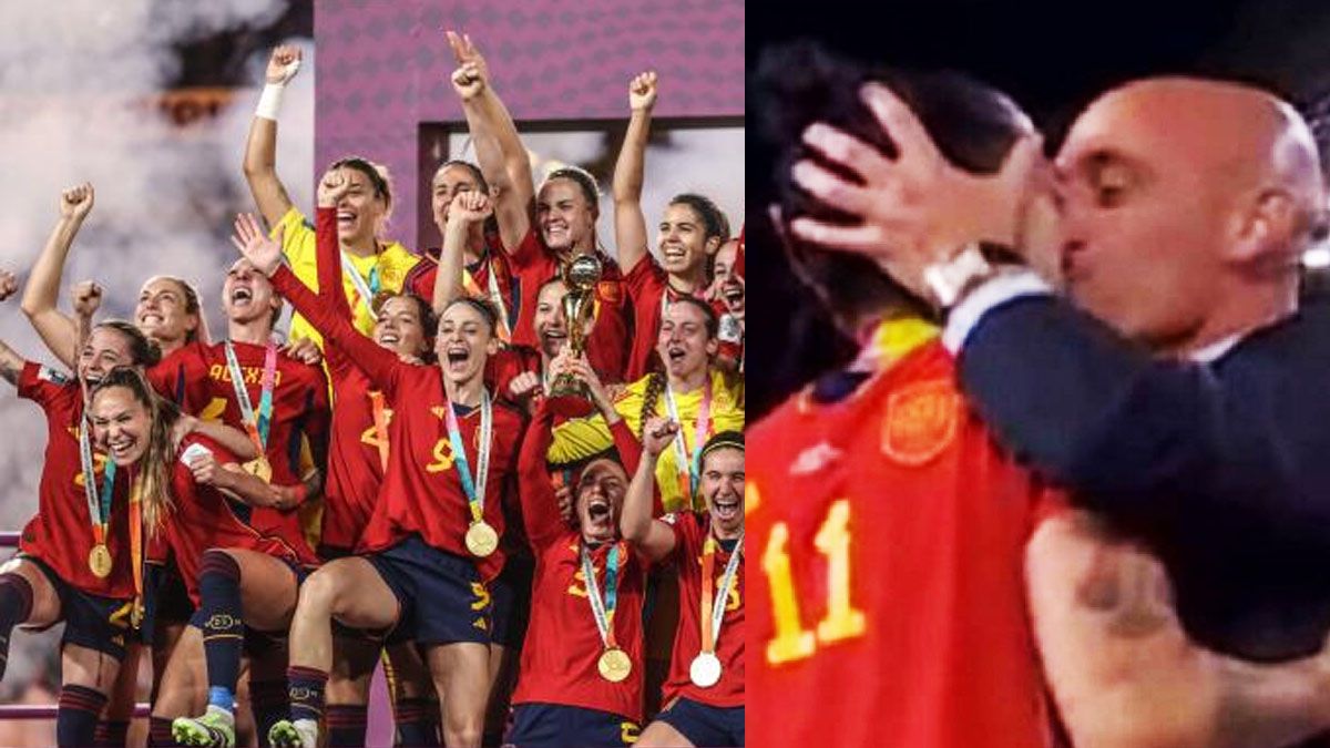 Luis Rubiales y el esc&aacute;ndalo por un beso sin consentimiento a una jugadora de la selecci&oacute;n espa&ntilde;ola de f&uacute;tbol (Foto: A24.com).