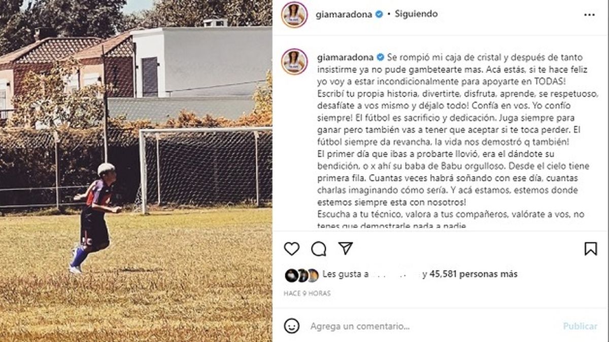 La carta abierta de Gianinna Maradona a su hijo Benjamín Agüero, que decidió seguir los pasos de su abuelo y su padre: el fútbol profesional. Hoy ya entrena en las inferiores de Tigre. 