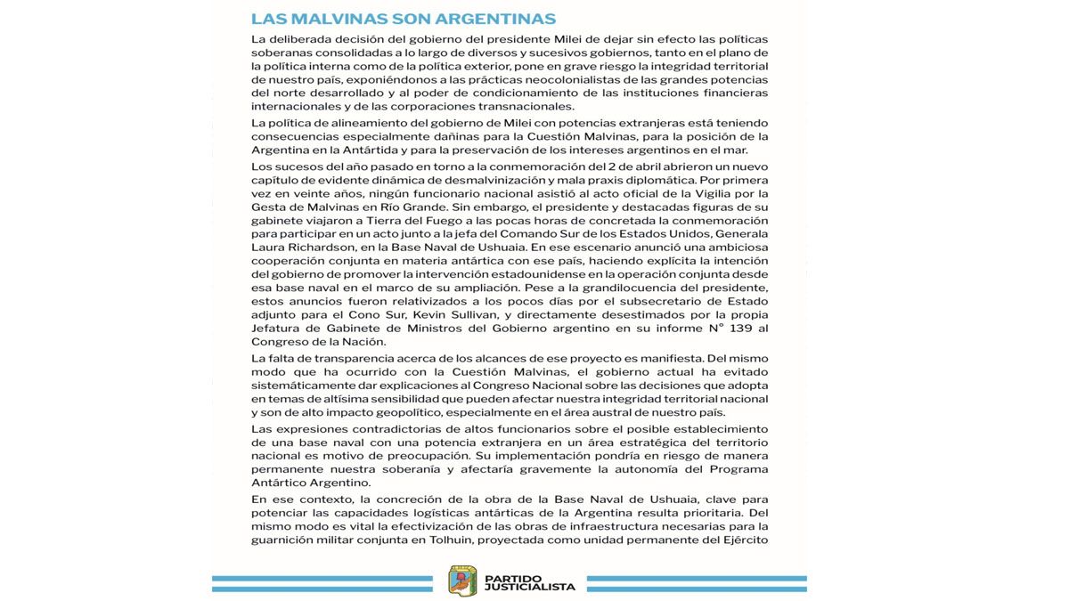 El comunicado del Partid justicialista por la causa de Malvinas. Reproducido por Cristina Fern&aacute;ndez de Kirchner en su cuenta personal de x. (Foto: Cuenta de X de CFK)