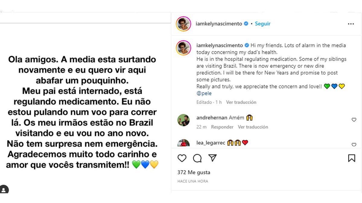 Kely Nascimento, la hija de Pel&eacute;, public&oacute; en Instagram un mensaje sobre la salud de "o Rei" (Foto: cuenta de Instagram de Kely Nascimento).