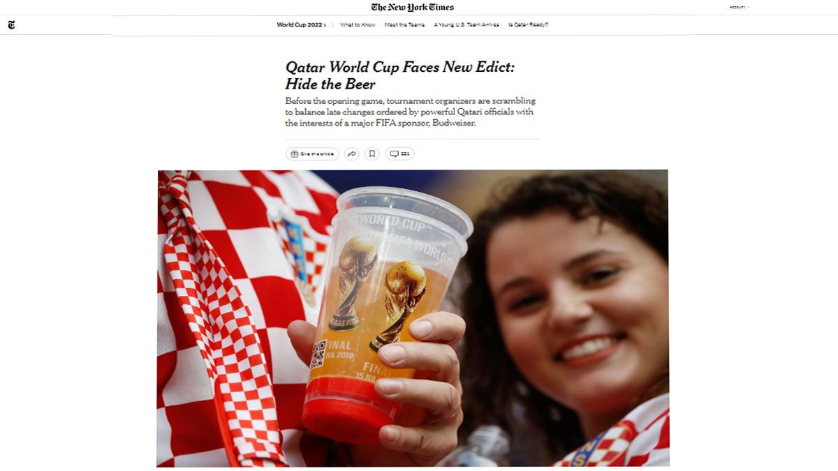 El New York Times adelant&oacute; la medida que afecta la venta de cerveza de un patrocinador de la FIFA en el mundial de Qatar (Foto: NYT)