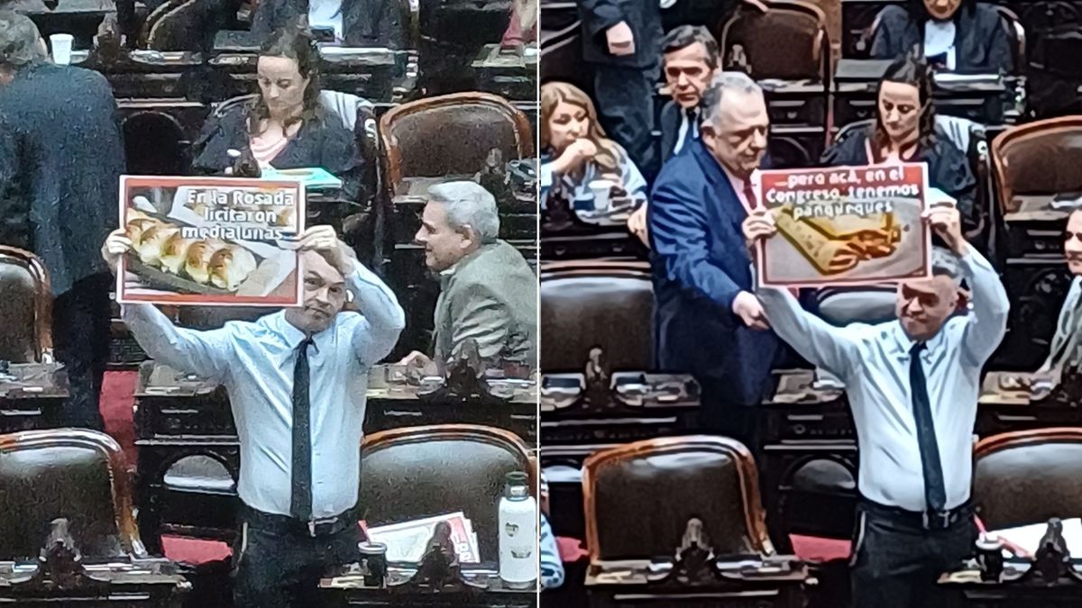 "En Casa Rosada licitaron medialunas. En el Congreso tenemos panqueques", dice el cartel de los diputados peronistas.