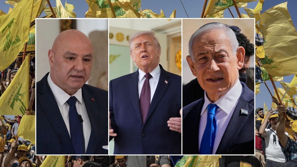 Aoún (El Líbano), Trump (EE.UU.) y Netanyahu (Israel). Una tregua que solo busca neutralizar o eliminar el accionar de Hezbollah. (Foto; A24.com)