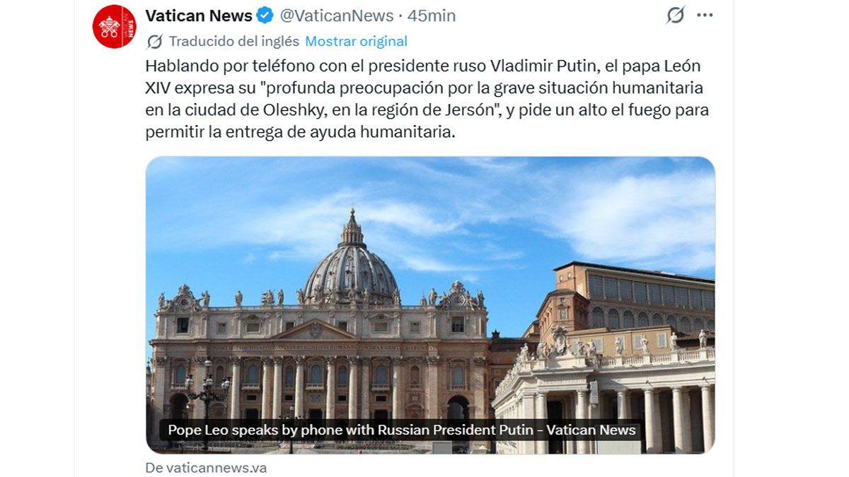 La nota oficial vaticana que informa el diálogo inesperado del papa León XIV con Vladimir Putin. (foto: cuenta 