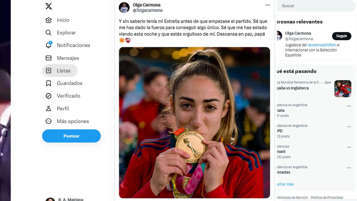 El mensaje de la goleadora de la final, que solo tras el partido se enteró del fallecimiento de su padre. (Foto: Cuenta de Olga Carmona en 