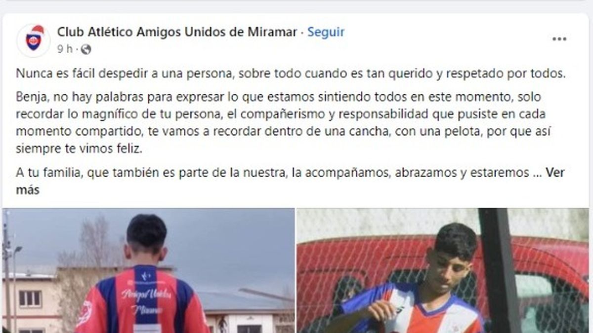 El sentido posteo del Club Atlético Amigos Unidos de Miramar para despedir a Benjamín Carmona (Foto: Club Atlético Amigos Unidos de Miramar).