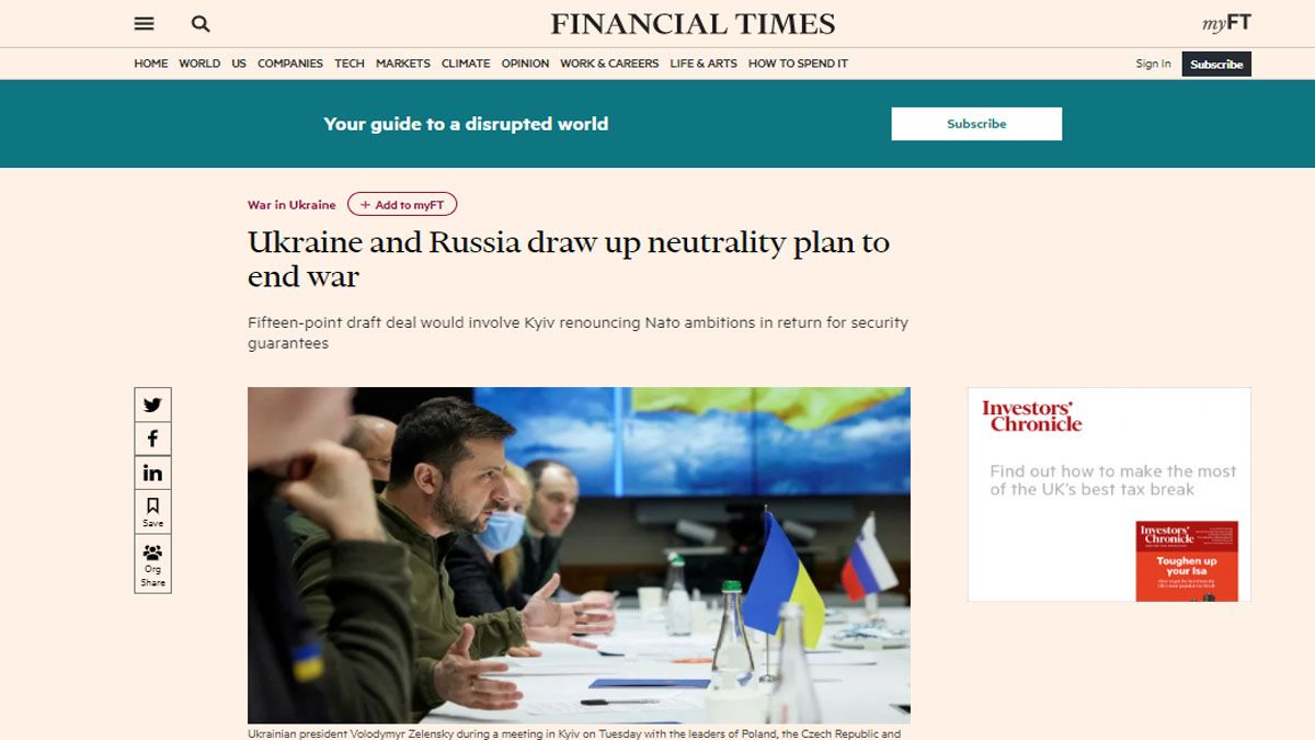 El Financial Times reveló 15 puntos para detener la guerra entre Rusia y Ucrania (Foto: FT)