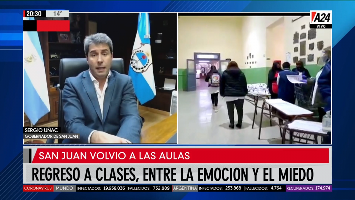 Uñac contó que en el regreso a las aulas en San Juan asistió el 70% de los alumnos pero que aún es una prueba piloto