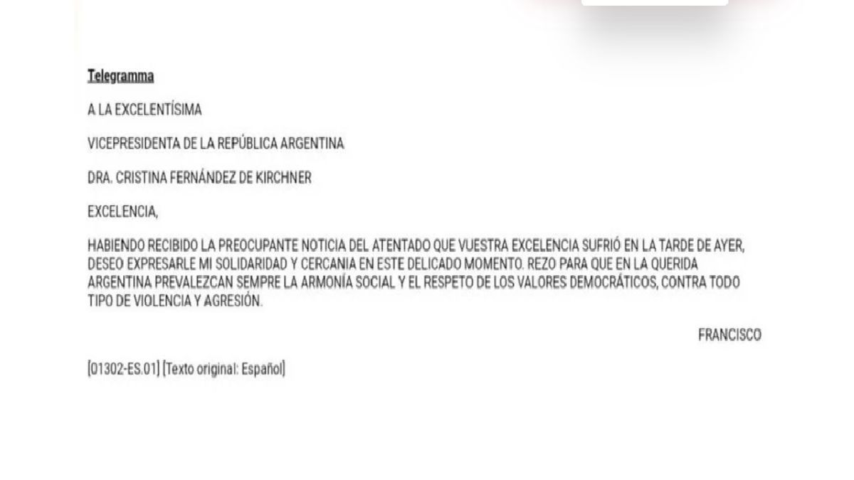 El telegrama de solidaridad del papa Francisco para Cristina Fernández de Kirchner por el atentado que sufrió en la puerta de su domicilio (Foto: Télam)