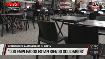 Los gastronómicos en alerta se manifestan en Plaza Serrano. (Captura de Tv) Los gastronómicos en alerta se manifestan en Plaza Serrano. (Captura de Tv)