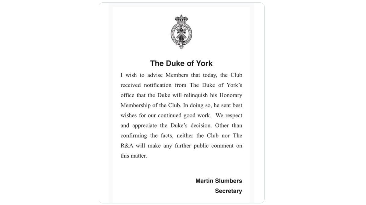 El secretario del Royal and Ancient Golf Club of St Andrews, en Escocia, anunció que el príncipe Andrés renunció a la membresía honoraria de ese exclusivo club (Foto: R.and. Ancient Golf Club of St. Andrews)