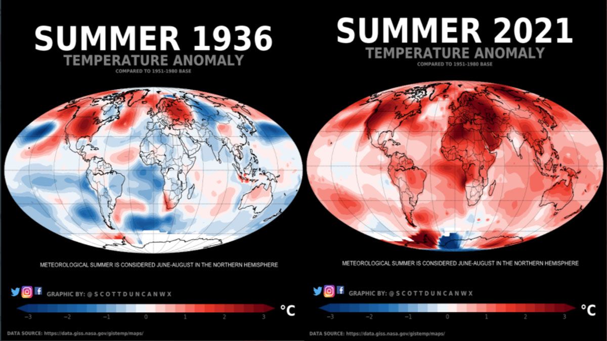 Comprobación del efecto invernadero. Comparativo de las temperaturas globales en 1936 y en 2021 (Foto: ONU)