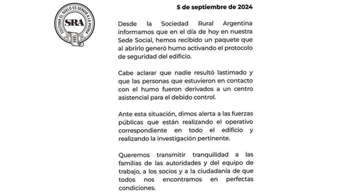 El comunicado oficial de la SRA luego del atantado con dos paquetes explosivos que llegaron a la presidencia de la entidad. (Foto: SRA)