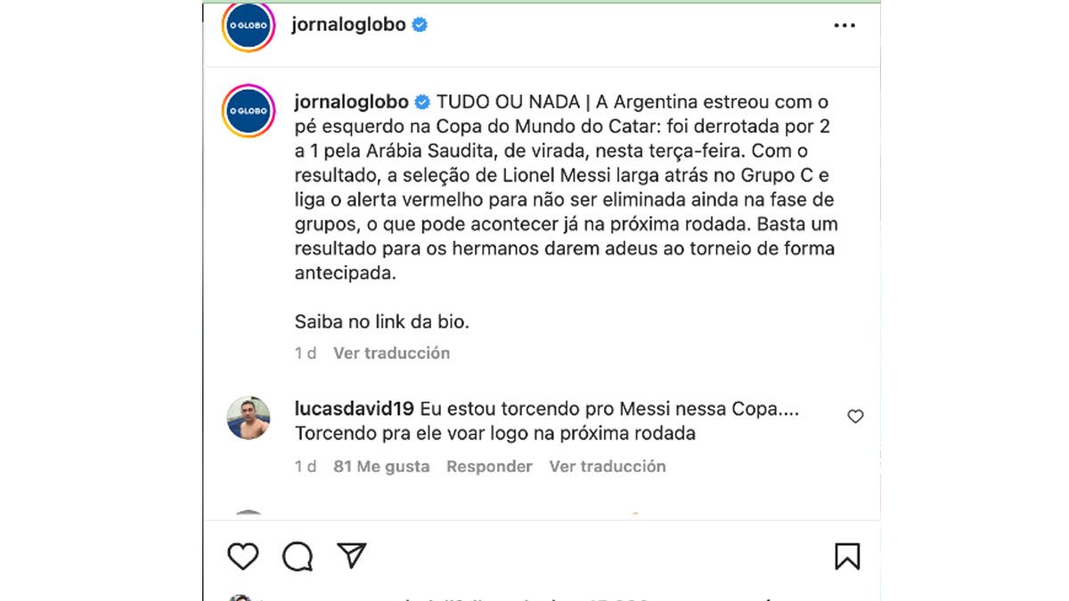 El diario O globo, en su cuenta de Twitter publicó comentarios de hinchas que se burlan de la selección argentina (Foto: Cuenta oficial de O globo en Twitter)