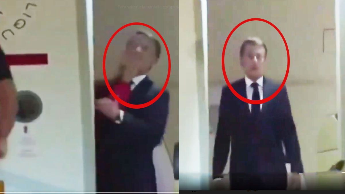 Dos manos (las de Brigitte) golpean a la cara del presidente de Francia. Macron, reacciona como puede y ensaya una 