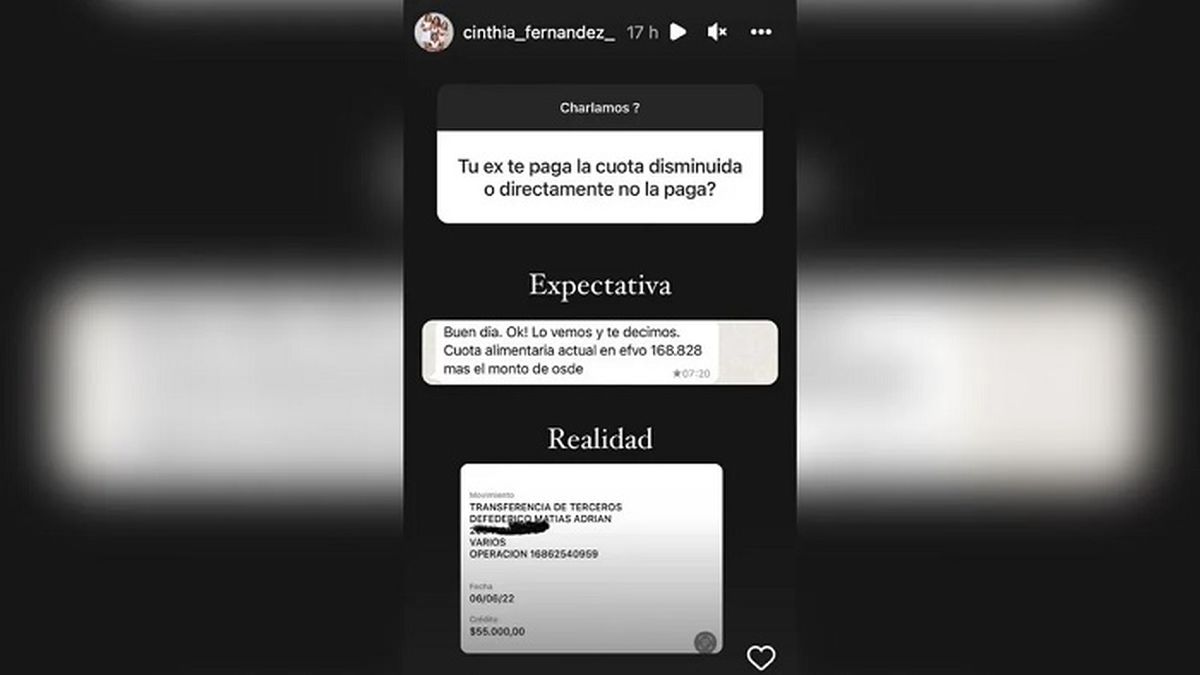 La transferencia bancaria de Matías Defederico en concepto de cuota alimentaria para sus hijas, que expuso Cinthia Fernández. 