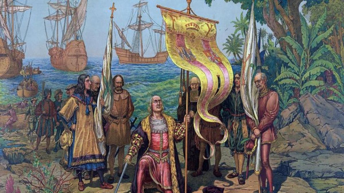 Illustration of Christopher Columbus arriving in America, October 12, 1492