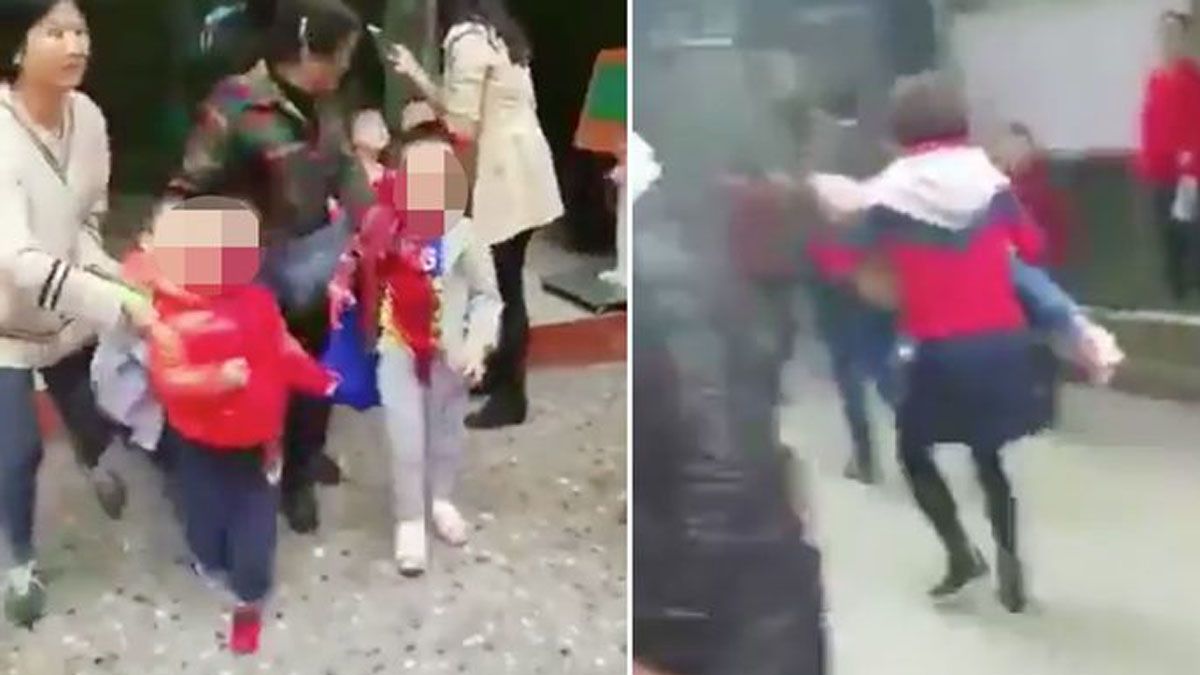 Los padres retiran aterrados a sus ni&ntilde;os de la guarder&iacute;a atacada por un hombre de 32 a&ntilde;os con un cuchillo. (Foto: Gentileza Daily Express) &nbsp;