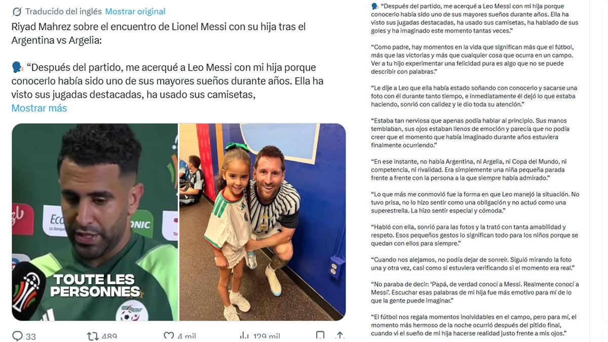 El mensaje del jugador argelino por la foto de su hija con Leo Messi. (Foto: Cuenta de Mahrez en X)