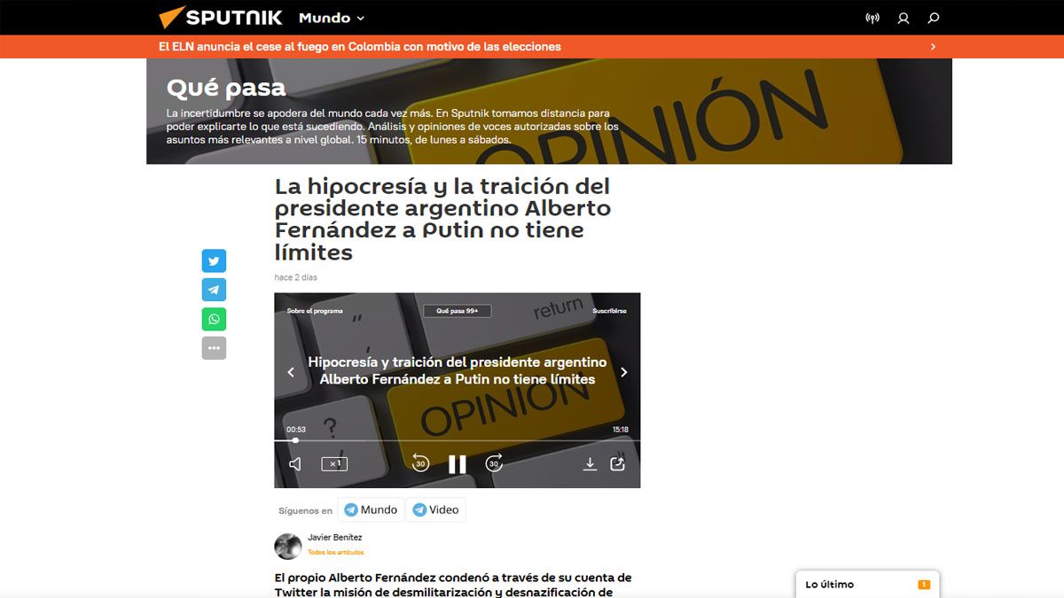 La agencia Sputnik, con un crítico artículo sobre las relaciones de Alberto Fernández con Rusia (Foto: Sputnik)
